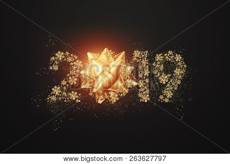 Creative Background, Numbers 2019 And Festive Confetti, Spiral Ribbons On A Dark Background. Happy N