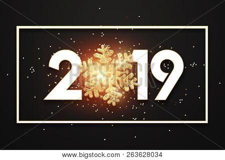 Creative Background, Numbers 2019 And Festive Confetti, Spiral Ribbons On A Dark Background. Happy N