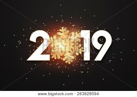 Creative Background, Numbers 2019 And Festive Confetti, Spiral Ribbons On A Dark Background. Happy N