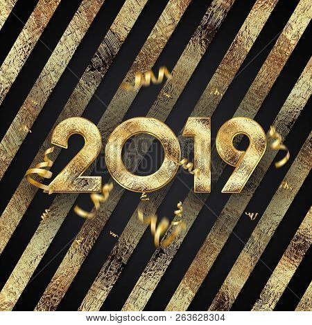Creative Background, 2019 Happy New Year. Gold Numbers Design Of Greeting Card Of. Gold Shining Patt