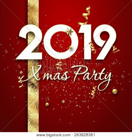 Realistic 2019 Numbers, Golden Bow And Festive Confetti, Stars And Spiral Ribbons On Red Background.