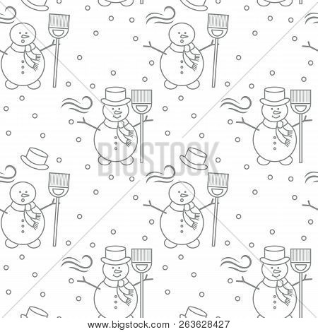 Seamless Pattern With Snowman, Broom, Hat, Wind, Snow. Funny Pattern On A Winter Theme.