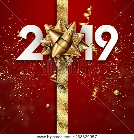 Realistic 2019 Numbers, Golden Bow And Festive Confetti, Stars And Spiral Ribbons On Red Background.