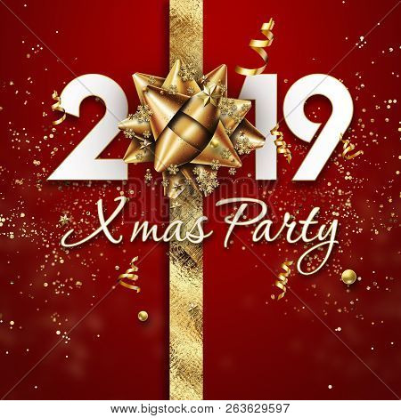 Realistic 2019 Numbers, Golden Bow And Festive Confetti, Stars And Spiral Ribbons On Red Background.