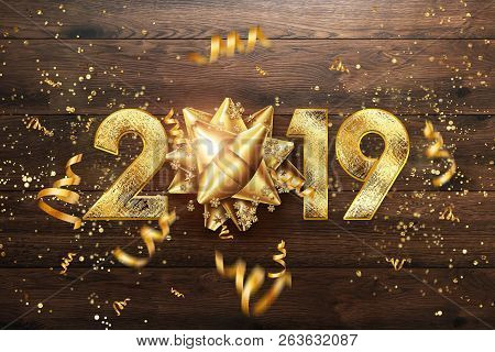 Creative Background, 2019 Happy New Year. Gold Numbers Design Of Greeting Card Of. Gold Shining Patt
