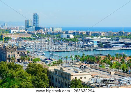 Barcelona, Spain - September 13, 2018: Beautiful View From Mountain Of Montjuic To Ronda Litoral, Po