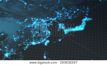 Glowing City And Human Population Density Areas With Linear Connections Between Them. View Of Asia. 