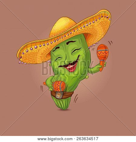 Cool Cactus Character Dancing With Maracas In Sombrero Hat. Siesta Time Illustration Suitable For Fe