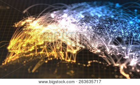 Glowing City And Human Population Density Areas With Bouncy Line Connections Between Them. 3d Illust