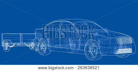 Sedan With Open Trailer Sketch. Vector Rendering Of 3d. Wire-frame Style. The Layers Of Visible And 