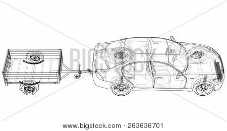 Sedan With Open Trailer Sketch. Vector Rendering Of 3d. Wire-frame Style. The Layers Of Visible And 