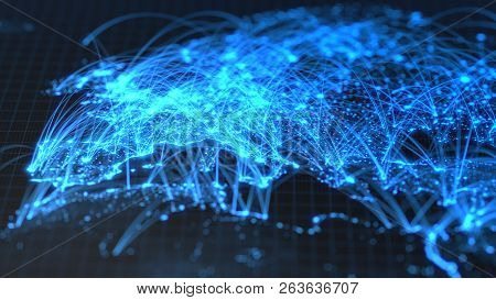Glowing City And Human Population Density Areas With Bouncy Line Connections Between Them. 3d Illust