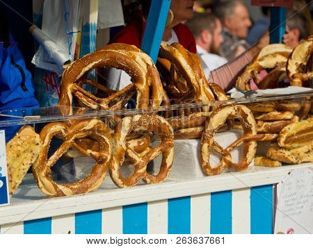 Munich, Germany - October 07, 2018: Сounter With Pretzels At The Biggest Folk Festival In The World 