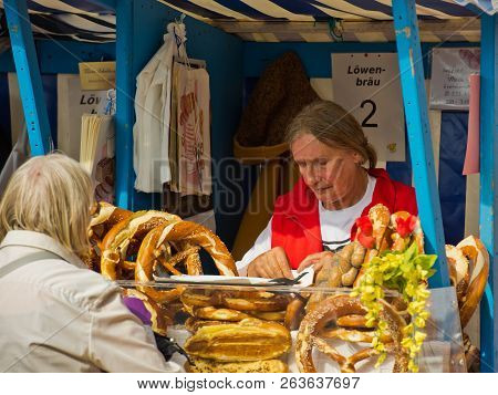 Munich, Germany - October 07, 2018: Сounter With Pretzels At The Biggest Folk Festival In The World 