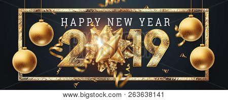Creative Background, 2019 Happy New Year. Gold Numbers Design Of Greeting Card Of. Gold Shining Patt