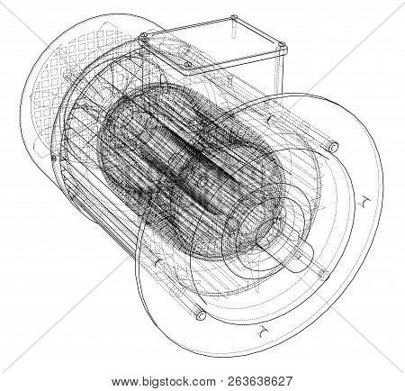 Electric Motor Sketch. Vector Rendering Of 3d. Wire-frame Style. The Layers Of Visible And Invisible