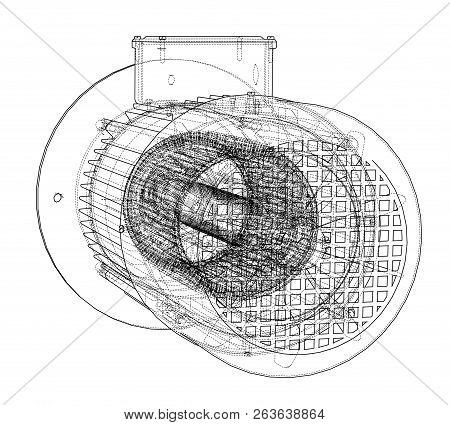 Electric Motor Sketch. Vector Rendering Of 3d. Wire-frame Style. The Layers Of Visible And Invisible