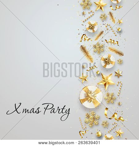 Creative Background, Christmas Decorative Border Made Of Festive Elements On A Light Background. Wit