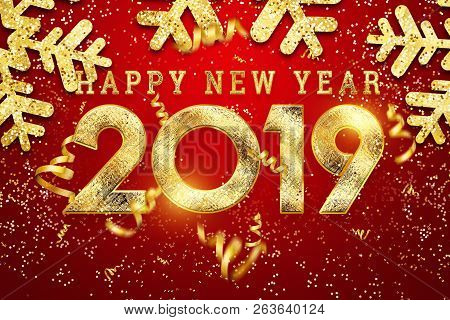Realistic 2019 Golden Numbers And Festive Confetti, Stars And Spiral Ribbons On Red Background. Happ