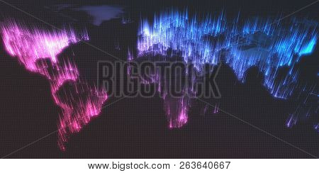 Glowing City And Human Population Density Areas With Rising Lines From Them. View Of Entire World. 3