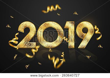 Creative Background, 2019 Happy New Year. Gold Numbers Design Of Greeting Card Of. Gold Shining Patt