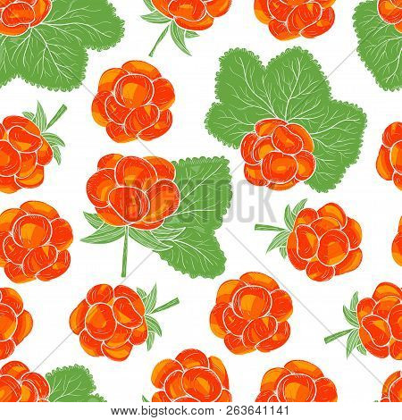 Cloudberry. Berries, Leaves. On A White Background. Seamless, Wallpaper.