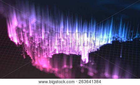 Glowing City And Human Population Density Areas With Rising Lines From Them. View Of America. 3d Ill