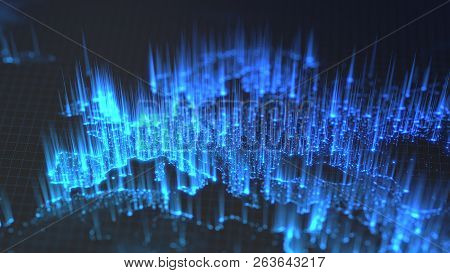 Glowing City And Human Population Density Areas With Rising Lines From Them. View Of Europa. 3d Illu