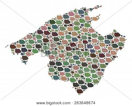 Mosaic Map Of Majorca Created With Colored Flat Pebbles. Vector Pied Geographic Abstraction Of Map O