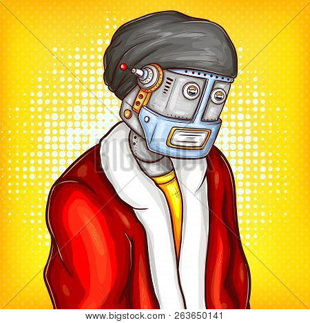 Pop Art Illustration Of Tired Robot In Christmas Chothing Portrait On Vintage Comic Background. Sad 