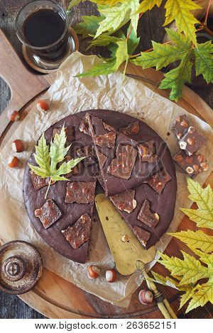 Autumn Coffee Pause. Kladdkaka, Swedish Chocolate Cake And Cup Of Coffee. Top View