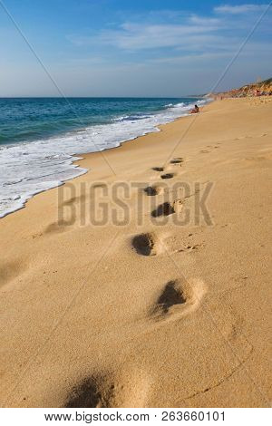 Footprints on wet sand by the seashore in a sunny summer day