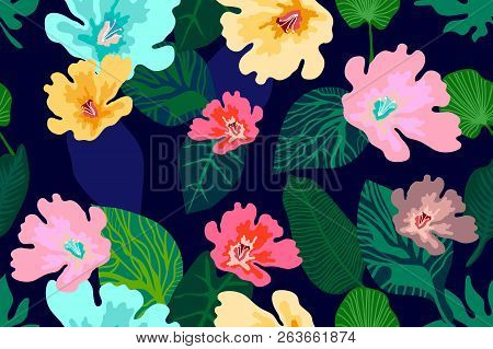 Seamless Vector Pattern With Palm Leaves And Tropical Plants. Aloha Textile Collection. On Dark Blue