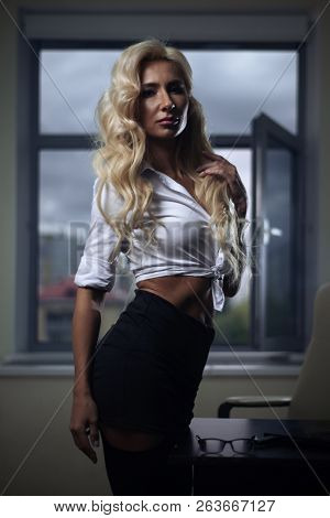 Attractive Sexy Employee Languidly Posing In The Office