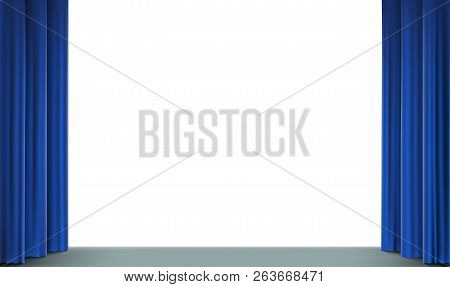 White Screen In The Cinema With A Stage And Curtain. Blank Background With Copy Space. Stock Vector 