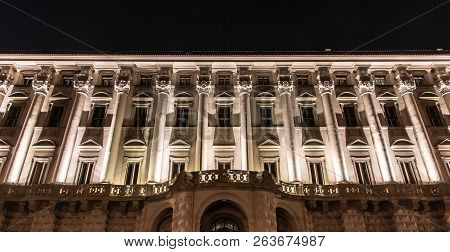 Front View Of Illuminated Cernin Palace By Night, Ministry Of Foreign Affairs Seat, Prague, Czech Re