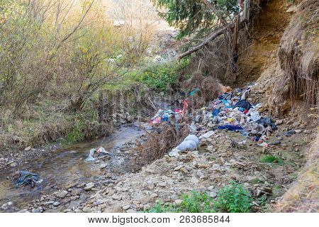 Miercurea Ciuc, Romania- 17 October 2018: Cleen Little Creek Contaminated With Household Waste, Conc