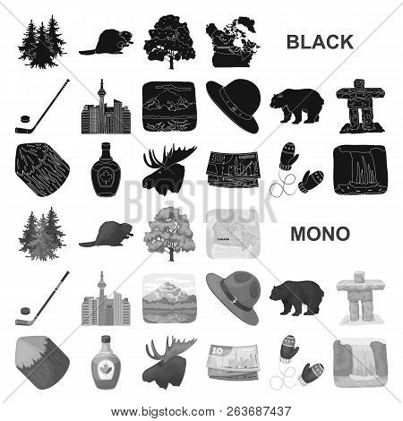 Country Canada Black Icons In Set Collection For Design. Canada And Landmark Vector Symbol Stock Web