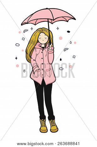 Young Woman In A Pink Slicker Is Enjoying Weather. Vector Illustration.
