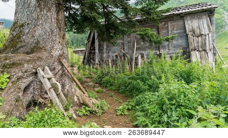 Artvin, Turkey - July 2018: Gorgit Highland With Old Houses And Green Valley In Blacksea Region, Art