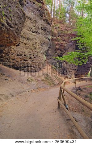 Winding And Narrow Hiking Trail In The Summer Forest. Way To The Falcon's Nest And Pravcice Gate.  F