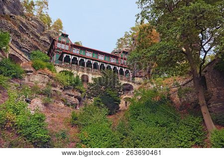 Falcon's Nest Near Pravcice Gate In Bohemian Switzerland National Park. Famous Touristic Place And T
