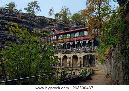 Amazing Falcon's Nest Near Pravcice Gate In Bohemian Switzerland National Park. Famous Touristic Pla