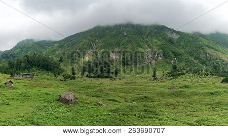 Artvin, Turkey - July 2018: Gorgit Highland With Old Houses And Green Valley In Blacksea Region, Art