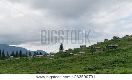 Artvin, Turkey - July 2018: Gorgit Highland With Old Houses And Green Valley In Blacksea Region, Art