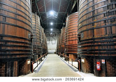 Thuir, France - September 5, 2018: Inside The Cellars Of The Byrrh Company In Thuir Which Makes Its 