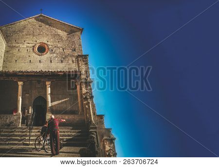 Catholic Church Assistance To Disabled Volunteering Elderly People Help Blue Background Copy Space F