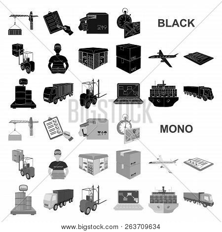 Logistics And Delivery Black Icons In Set Collection For Design. Transport And Equipment Isometric V