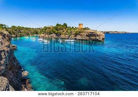 Beautiful View Of Bay With Boats Yachts At The Coast Of Cala Pi Beach Majorca Island, Mediterranean 