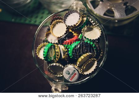 Ufa, Russia, Soloway, 23 July, 2018: Bottle Caps, Side By Sideon Black Background. Close Up, Texture